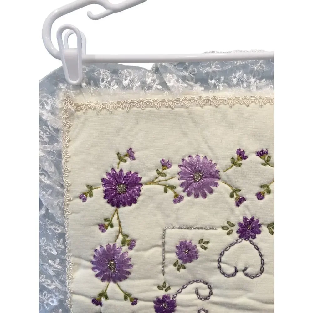 Vtg Handmade Square Pillow Cover Shabby White Purple Flower Lace‎ Valentine Day